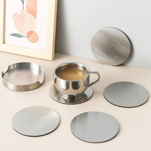 

6pcs Stainless Steel Round Coaster, Silver