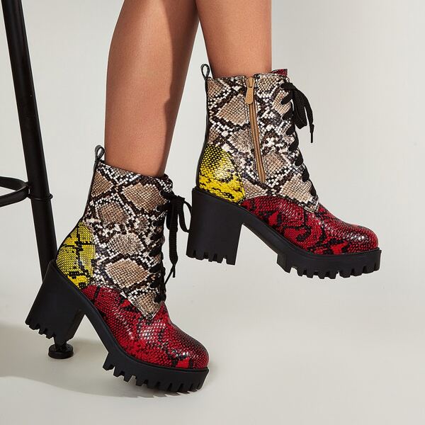 

Colorblock Snakeskin Chunky Heeled Boots, Red