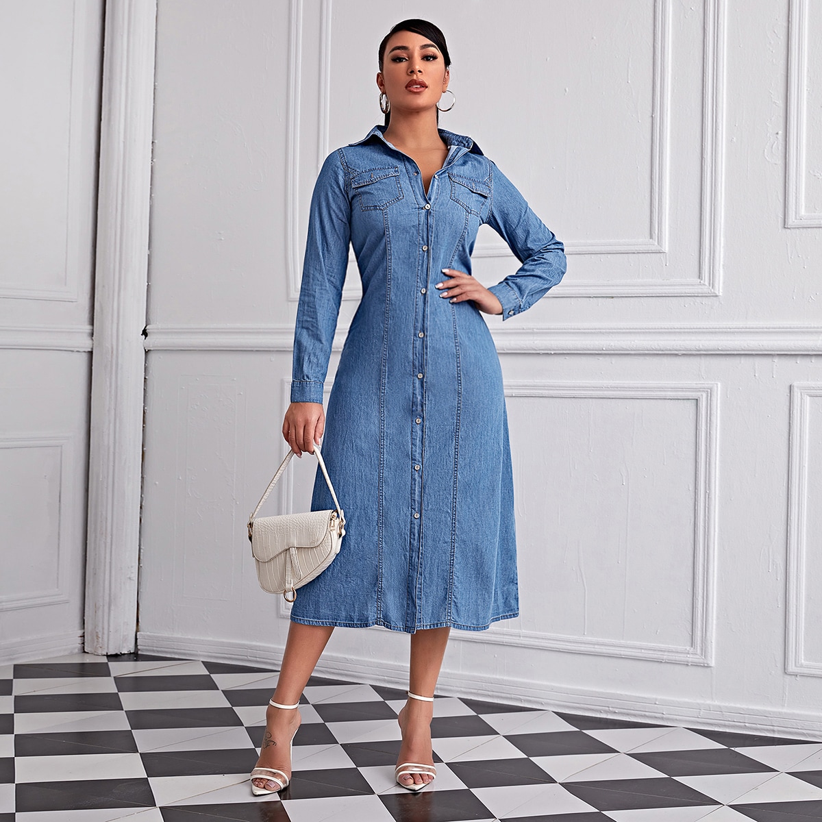 Image of Button Front Flap Pocket Denim Dress