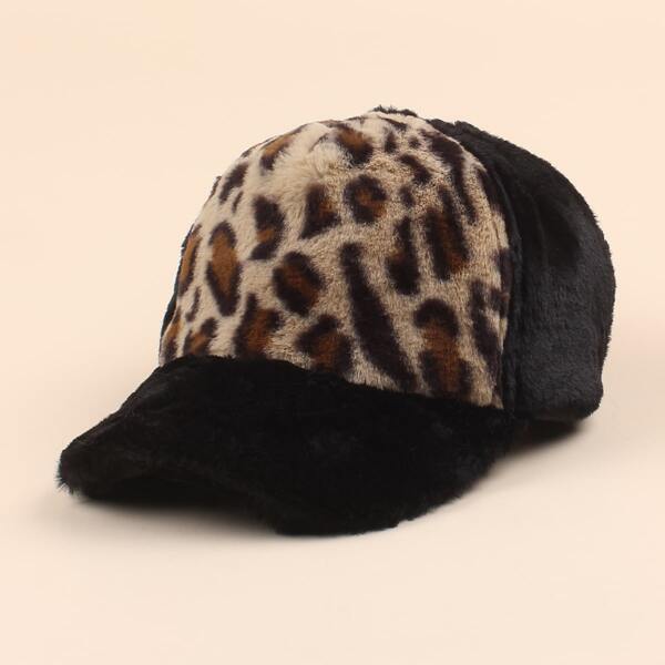 

Leopard Print Fluffy Baseball Cap, Black