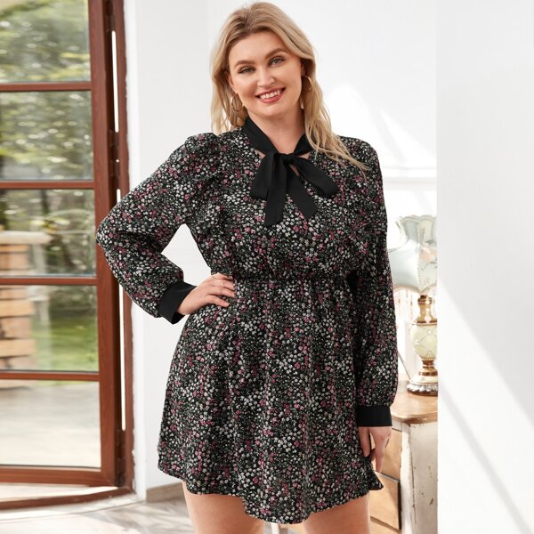 

Plus Ditsy Floral Print Tie Neck Ruffle Dress, Multicolor