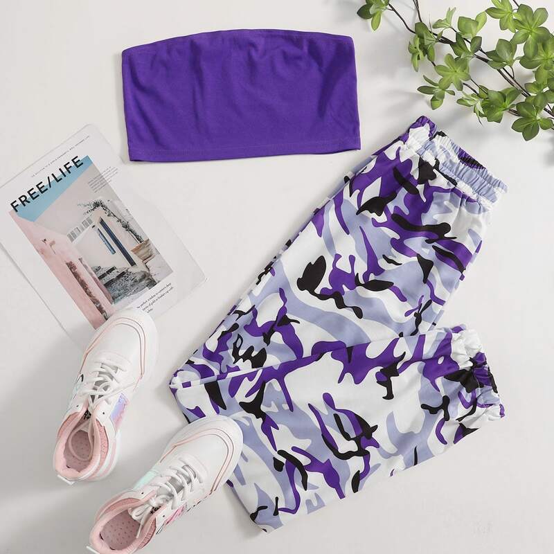 

Solid Crop Tube Top & Camo Pants, Purple