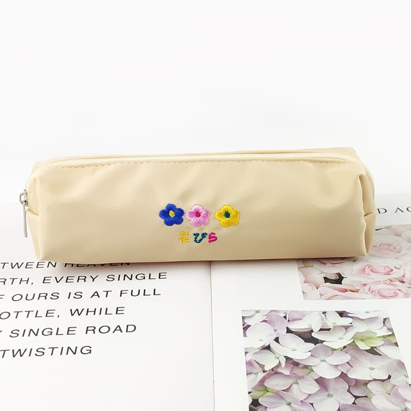 

1pc Flower Embroidery Pencil Case, Beige