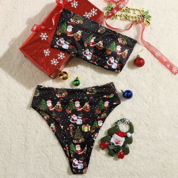 

Christmas Print Bandeau High Waisted Bikini Swimsuit, Multicolor
