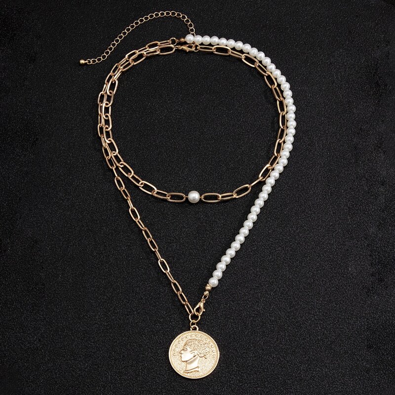 

2pcs Guys Faux Pearl Decor Necklace, Gold