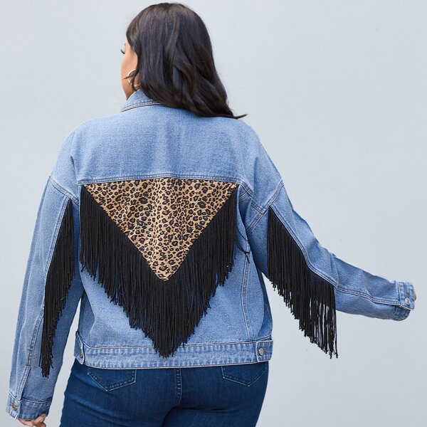 

Plus Contrast Leopard Fringe Trim Denim Jacket, Light wash