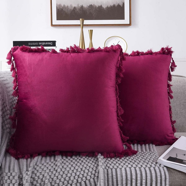 

1pc Tassel Decor Cushion Cover Without Filler, Burgundy