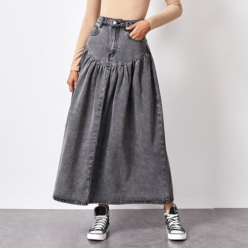 

Slant Pocket A-line Denim Skirt, Dark grey