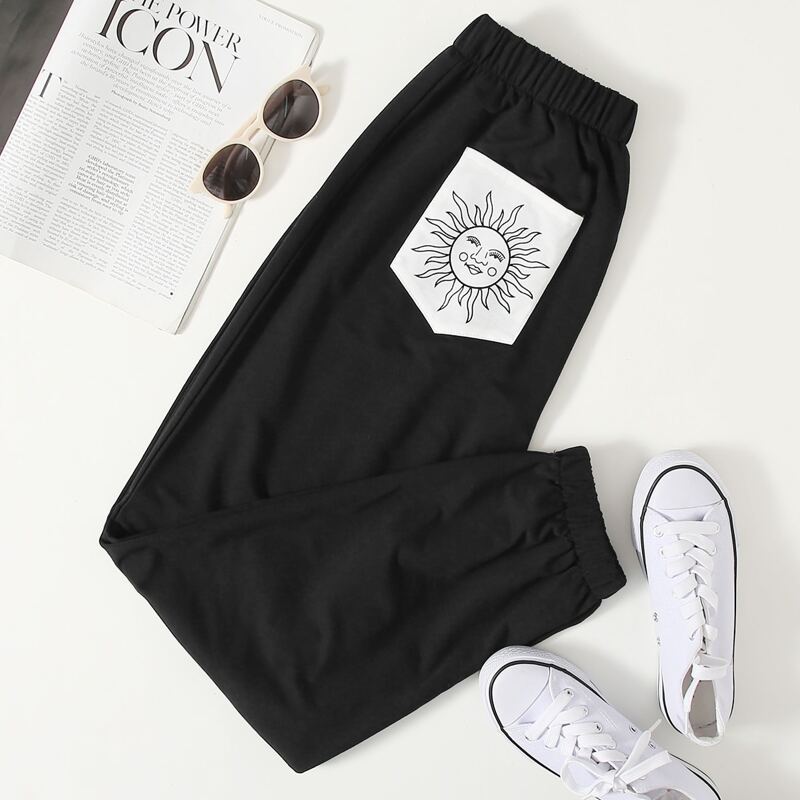 

Sun & Moon Graphic Pocket Sweatpants, Black
