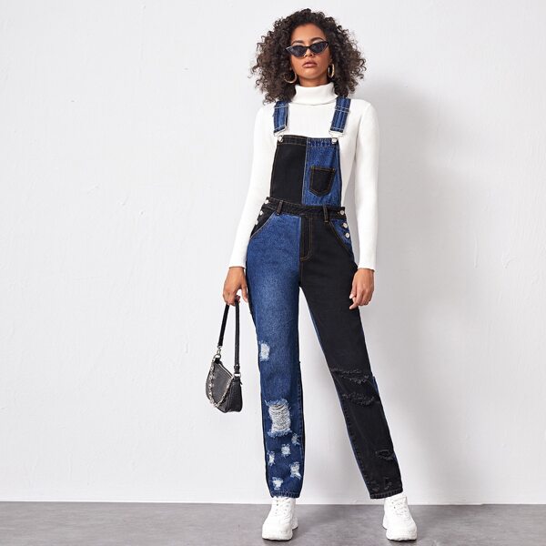 

Button Side Ripped Colorblock Denim Overalls, Multicolor