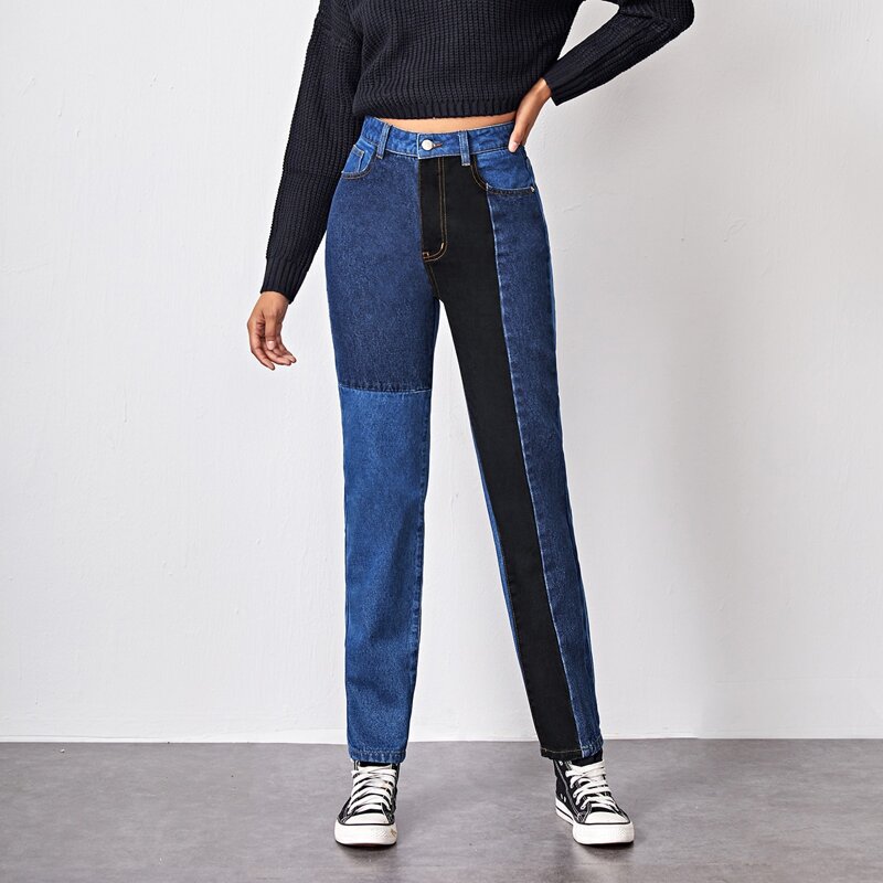 

High Waist Slant Pocket Colorblock Mom Jeans, Medium wash