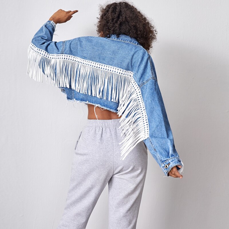 

Fringe Trim Raw Hem Denim Jacket, Medium wash