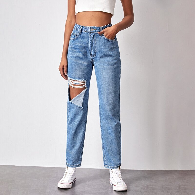 

Ripped Pocket Detail Mom Jeans, Medium wash
