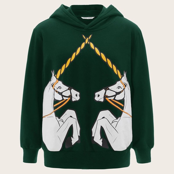 

Boys Horse Print Hoodie, Dark green