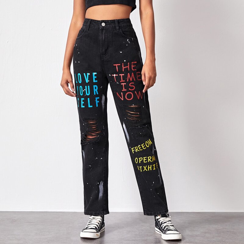 

Heart And Letter Graphic Ripped Jeans, Black
