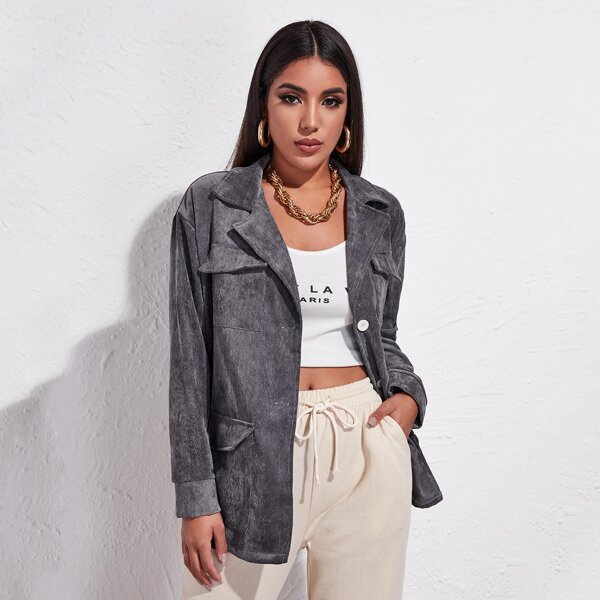 

Button Front Flap Pocket Cord Coat, Dark grey