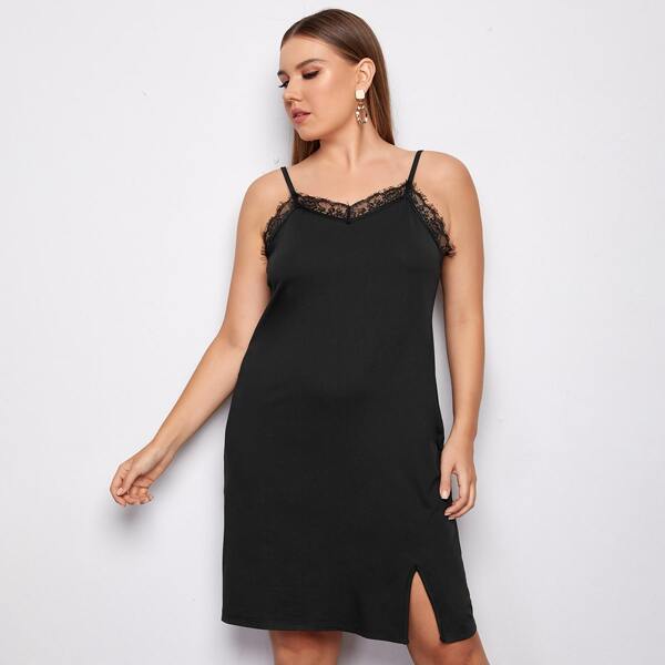 

Plus Lace Trim Slit Hem Cami Dress, Black