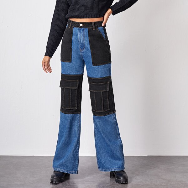 

High Waist Patch Pocket Colorblock Wide Leg Jeans, Multicolor