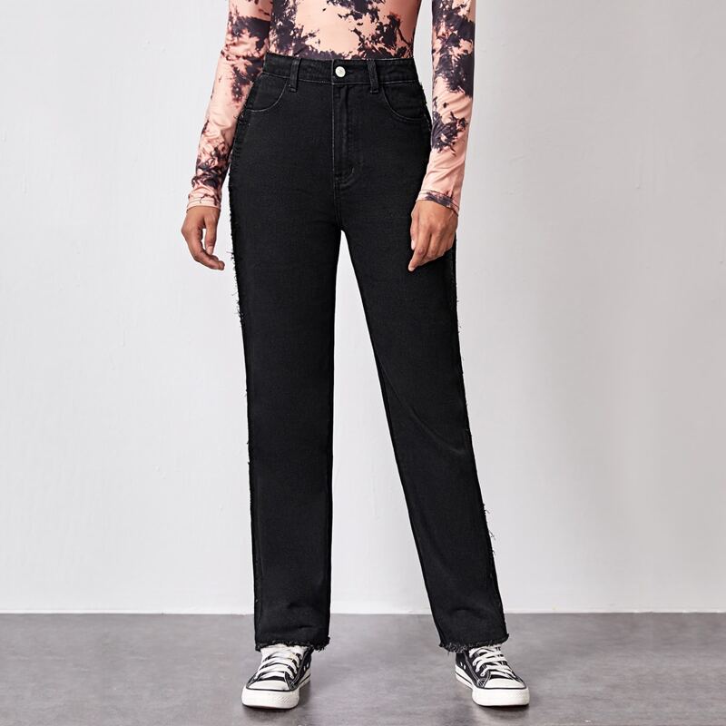 

High Waist Slant Pocket Raw Hem Straight Jeans, Black