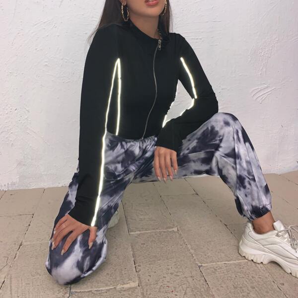 

Zip Up Reflective Piping Crop Jacket, Black