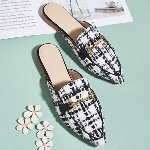 

Horsebit Decor Tweed Loafer Mules, White