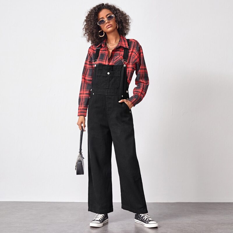 

Solid Pocket Front Denim Overall, Black