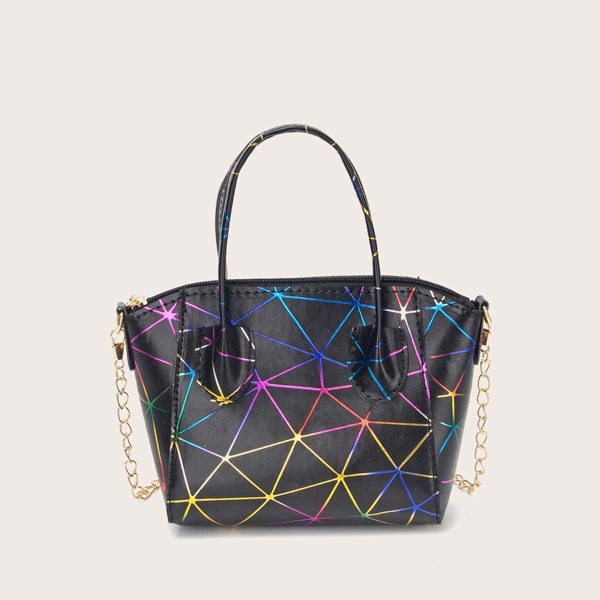 

Geometric Graphic Chain Satchel Bag, Black