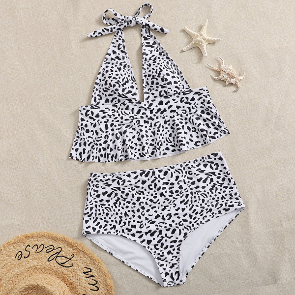 

Plus Allover Graphic Ruffle Halter Bikini Swimsuit, Black and white