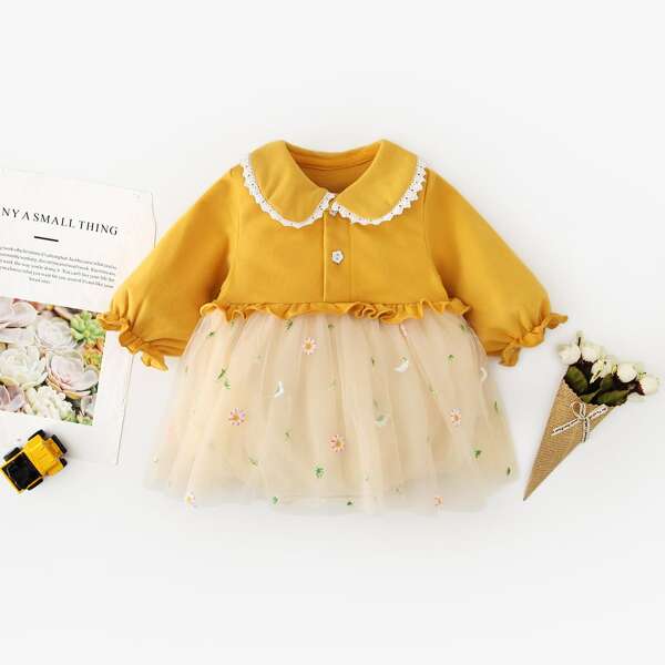 

Baby Girl Floral Embroidery Mesh Panel Bodysuit, Multicolor