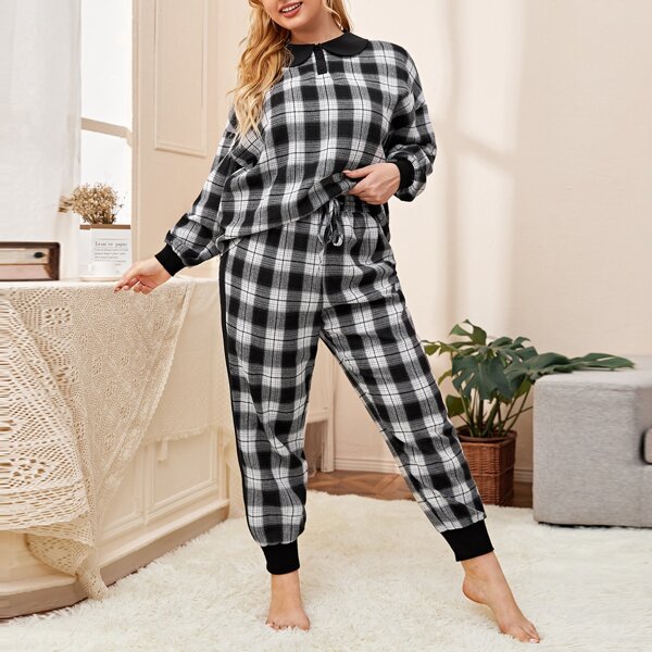 

Plus Drop Shoulder Half Button Placket Plaid Top & Pants PJ Set, Black and white