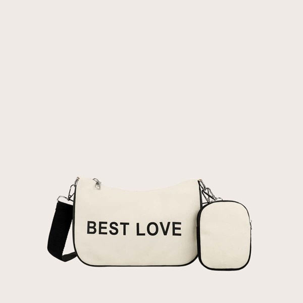 

Letter Graphic Baguette Bag With Purse, Beige