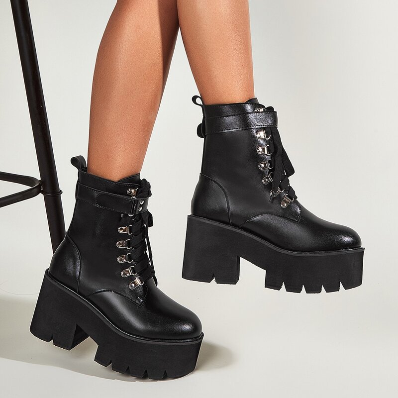 

Lace-up Front Velcro Strap Combat Boots, Black