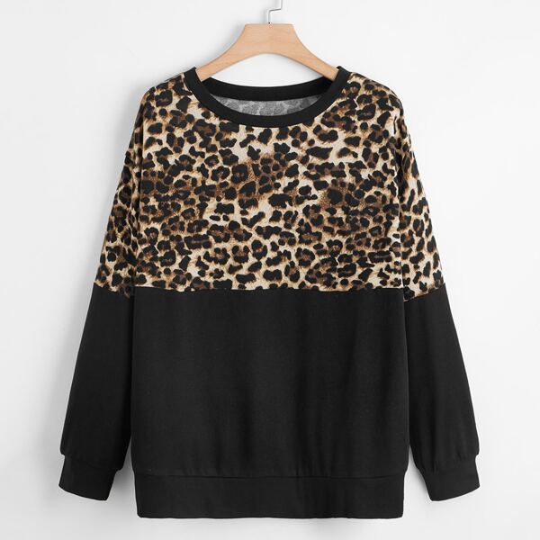 

Plus Leopard Panel Drop Shoulder Sweatshirt, Multicolor