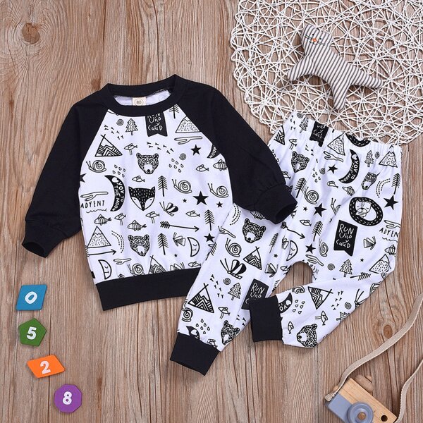 

Toddler Boys Cartoon Graphic Sweatshirt With Joggers, Black and white