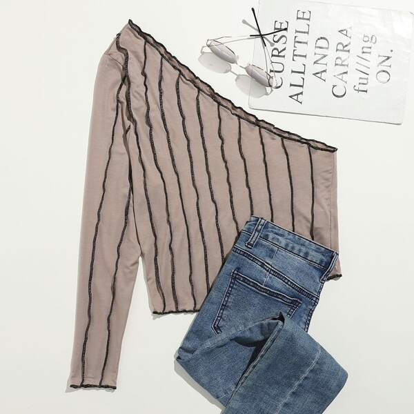 

Plus Contrast Stitching One Shoulder Top, Mocha brown