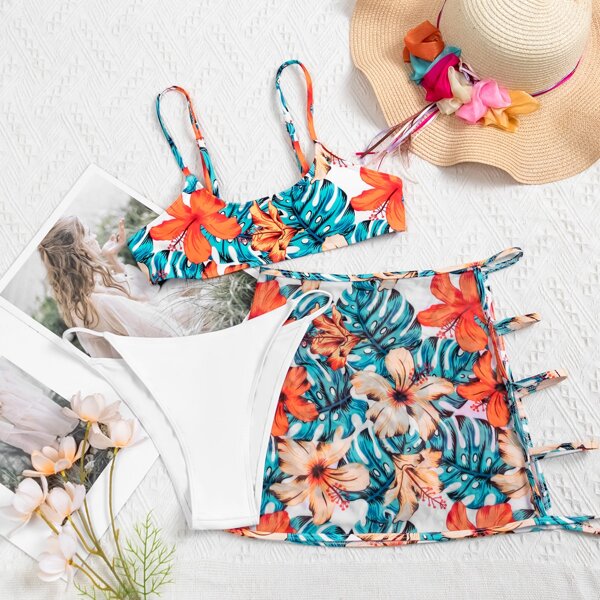 

3pack Floral & Tropical Bikini Swimsuit With Beach Skirt, Multicolor