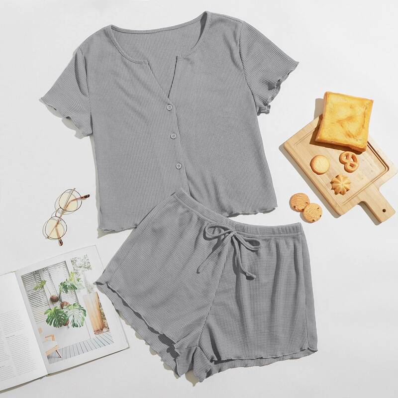 

Solid Lettuce Trim Ribbed Lounge Set, Grey