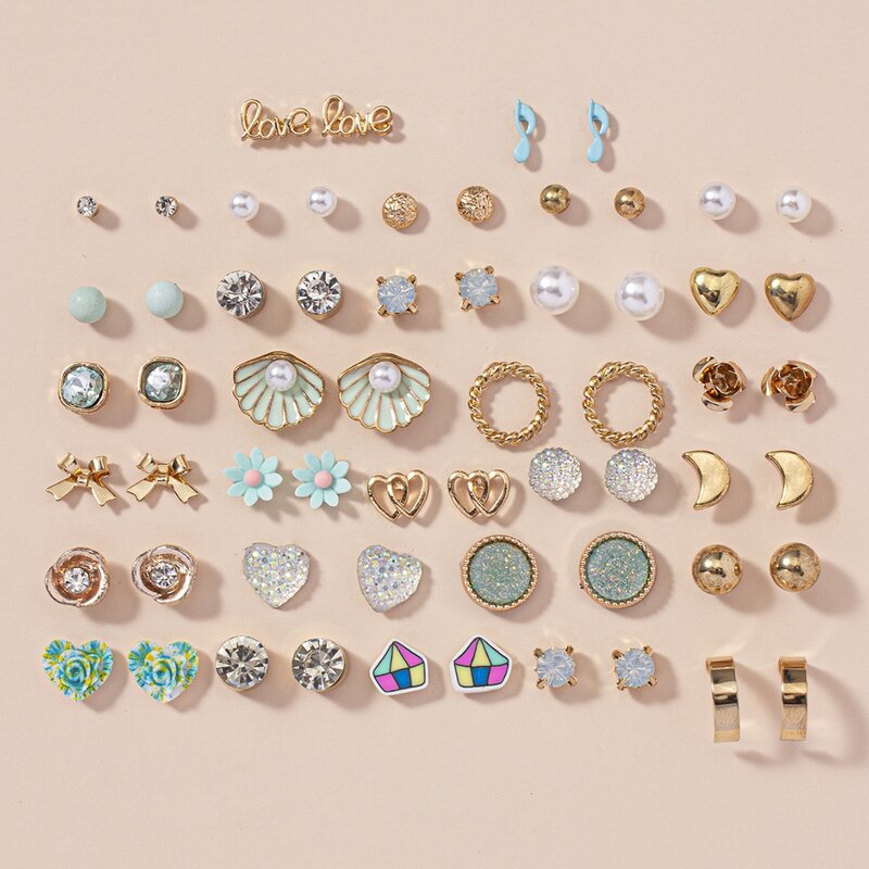 

30pairs Rhinestone & Faux Pearl Detail Earrings, Multicolor