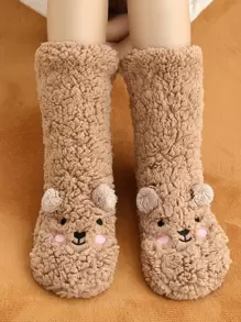 1pair Warm & Thick Animal Patterned Fleece Socks With Glue Dots - Camel - View 1