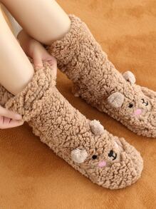 1pair Warm & Thick Animal Patterned Fleece Socks With Glue Dots - Camel - View 2