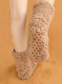 1pair Warm & Thick Animal Patterned Fleece Socks With Glue Dots - Camel - View 3