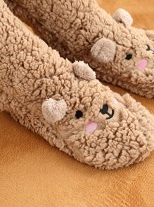 1pair Warm & Thick Animal Patterned Fleece Socks With Glue Dots - Camel - View 4