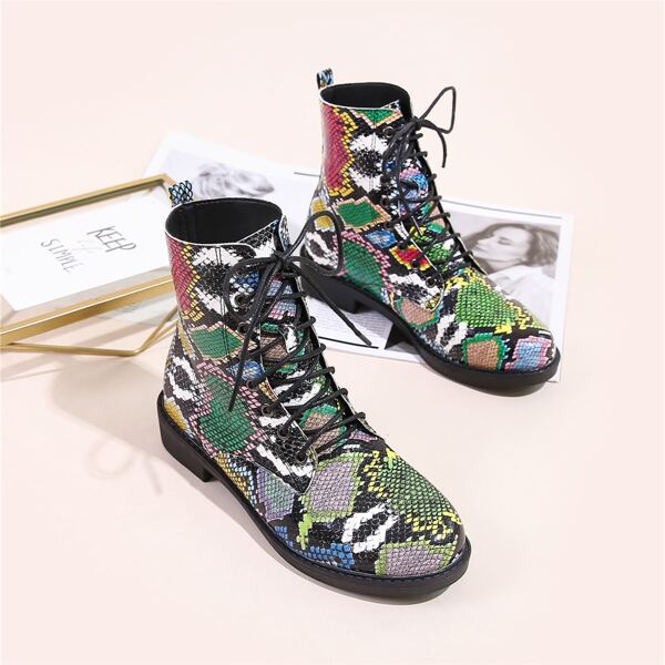 

Snakeskin Print Combat Boots, Multicolor