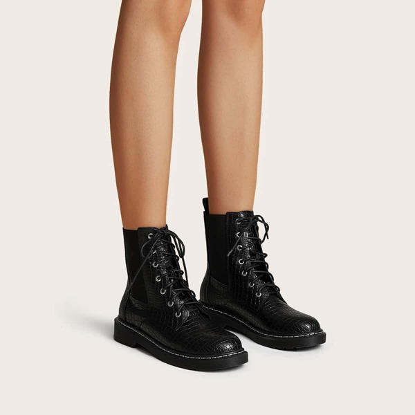

Croc Embossed Lace-up Front Chelsea Boots, Black