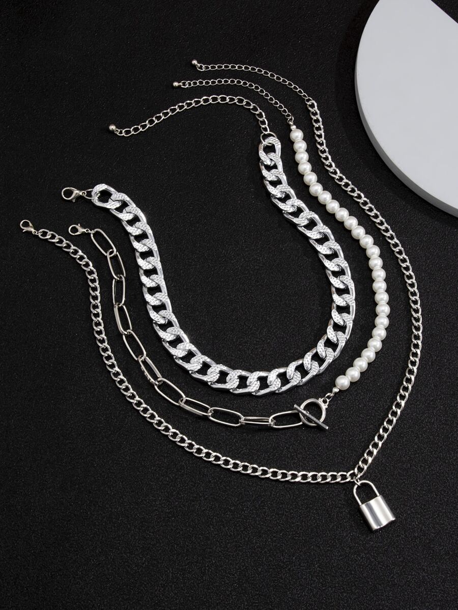 3入組男士鎖扣吊墜項鍊 - 銀色 - 查看 1
