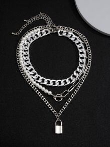 3入組男士鎖扣吊墜項鍊 - 銀色 - 查看 2