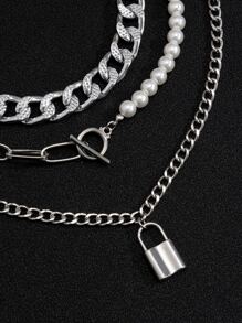 3入組男士鎖扣吊墜項鍊 - 銀色 - 查看 3