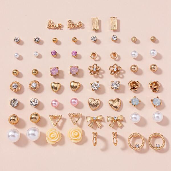 

30pairs Rhinestone & Faux Pearl Detail Earrings, Multicolor