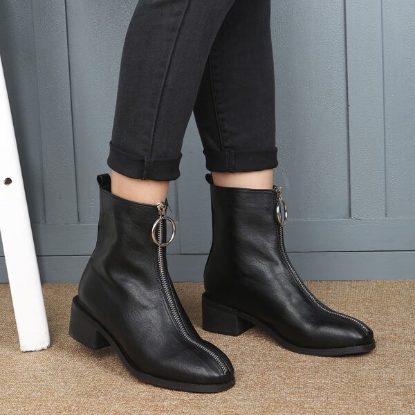 

Zip Front Block Heeled Ankle Boots, Black