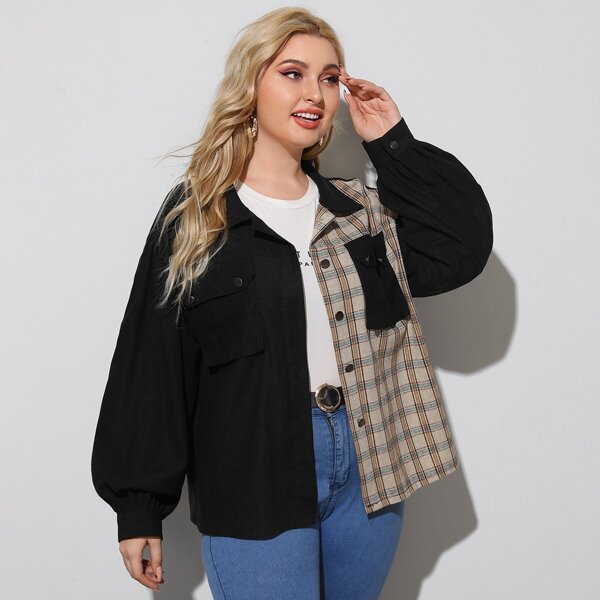 

Plus Contrast Plaid Flap Pocket Corduroy Jacket, Black